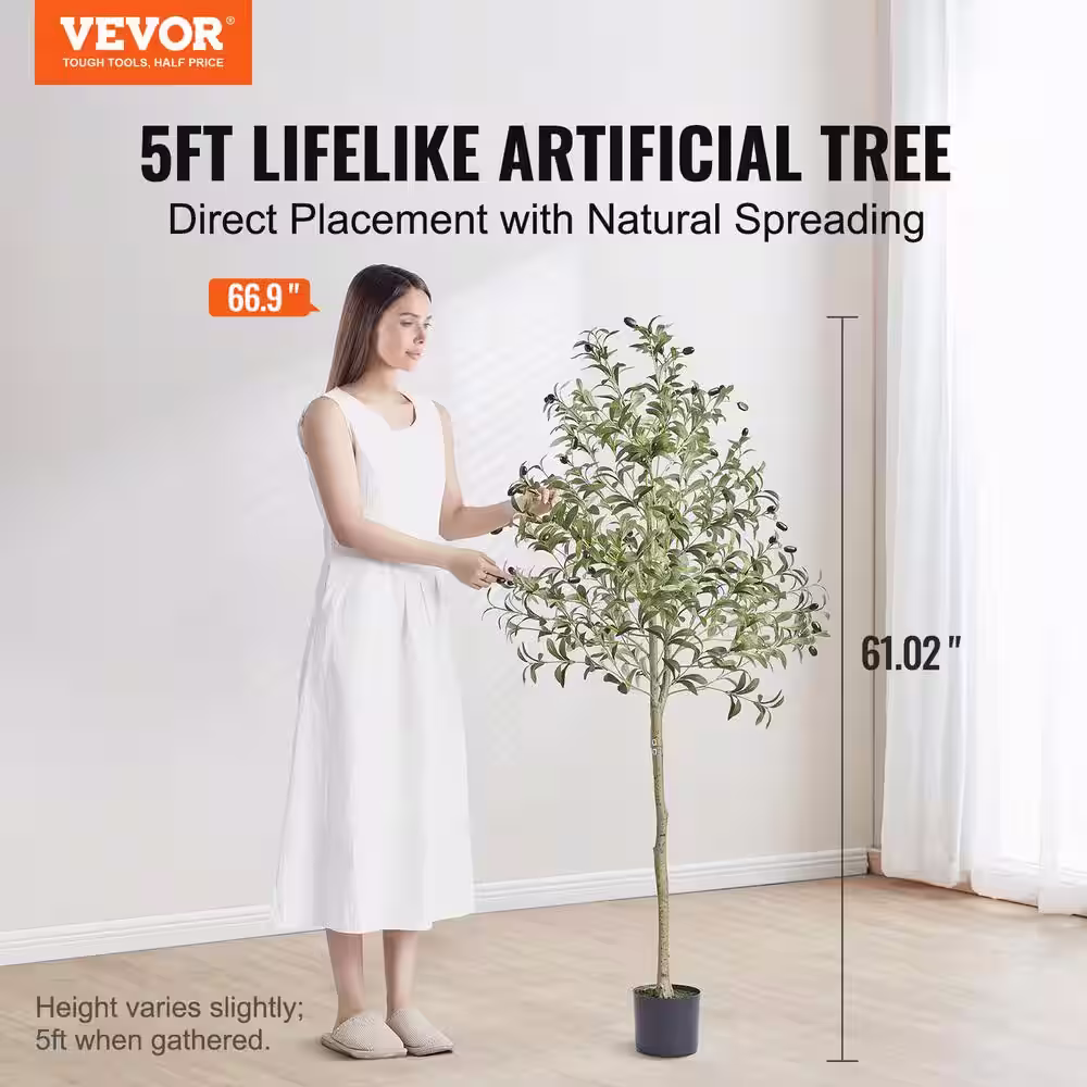 VEVOR 5 ft. Artificial Olive Tree Tall Faux Plant Secure PE Material and Anti-Tip Tilt Protection Low-Maintenance Plant