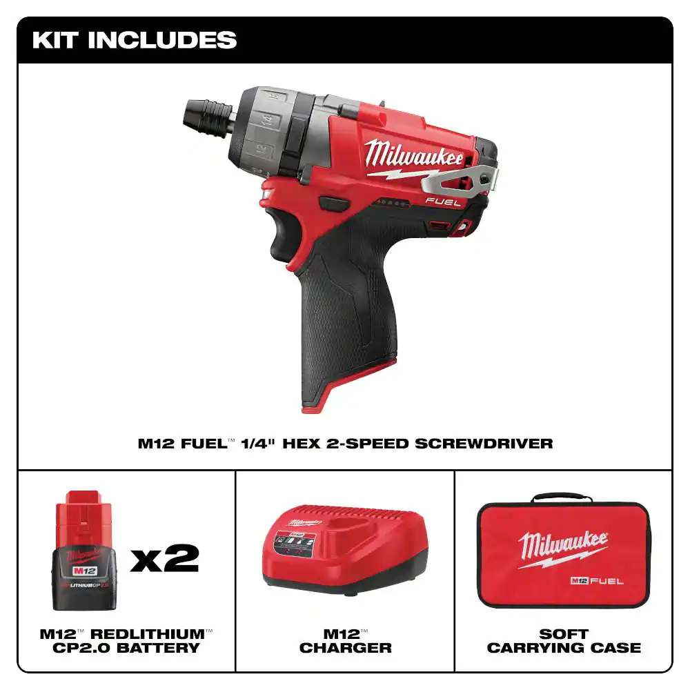Milwaukee M12 FUEL 12V Lithium-Ion Brushless Cordless 1/4 in. Hex 2-Speed Screwdriver Kit W/(2) 2.0h Batteries & Bag