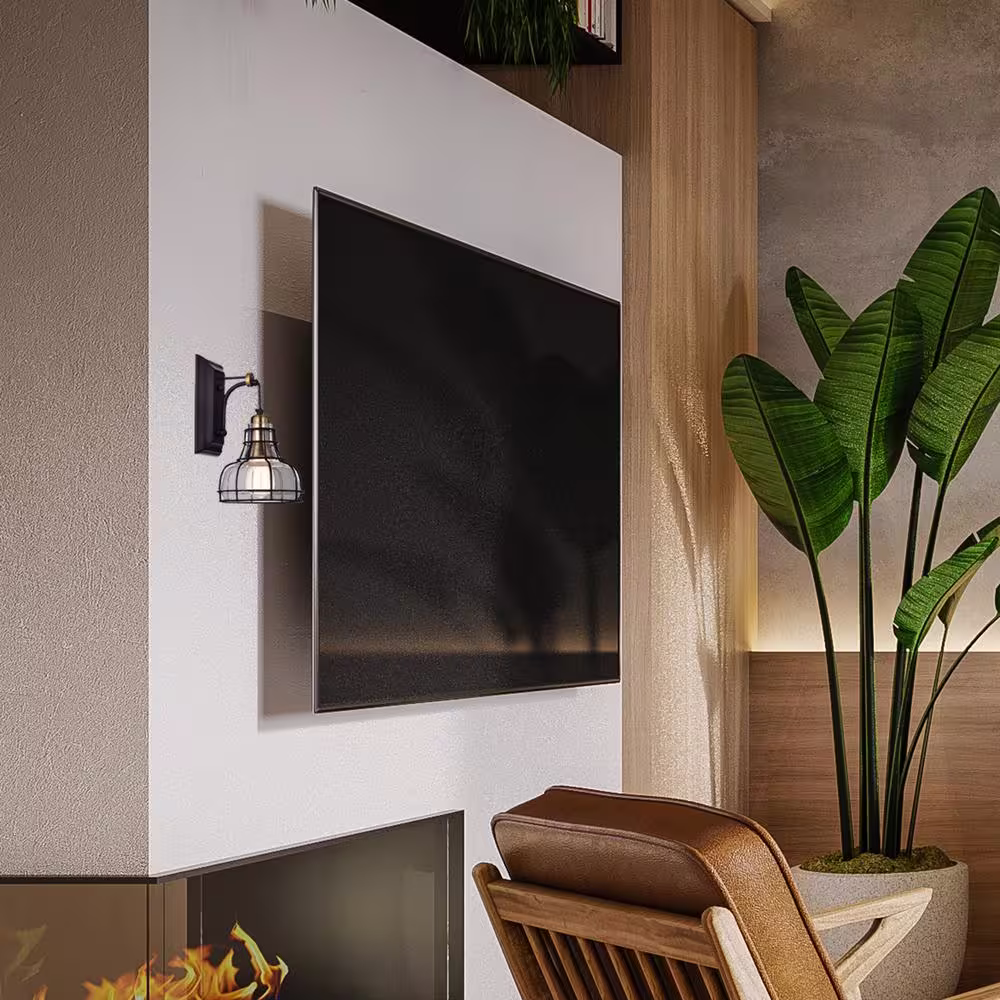 Edvivi Paris 1-Light Black and Antique Gold Industrial Indoor Wall Sconce with Black Cage and Clear Glass Shade