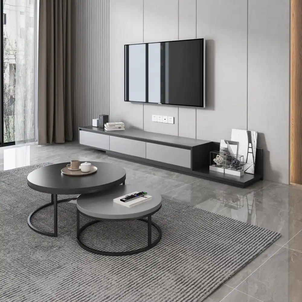 THE RIGHT PATH 118 in. Modern Gray Retractable TV Stand Extendable Media Console with 3 Drawers