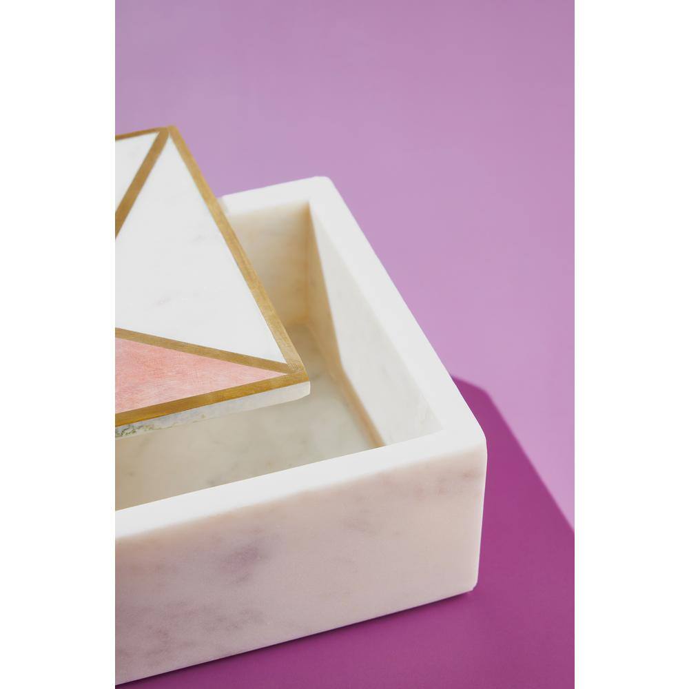 GAURI KOHLI 8 in. x 6 in. Minerva White Marble Decorative Box with Gold Inlay