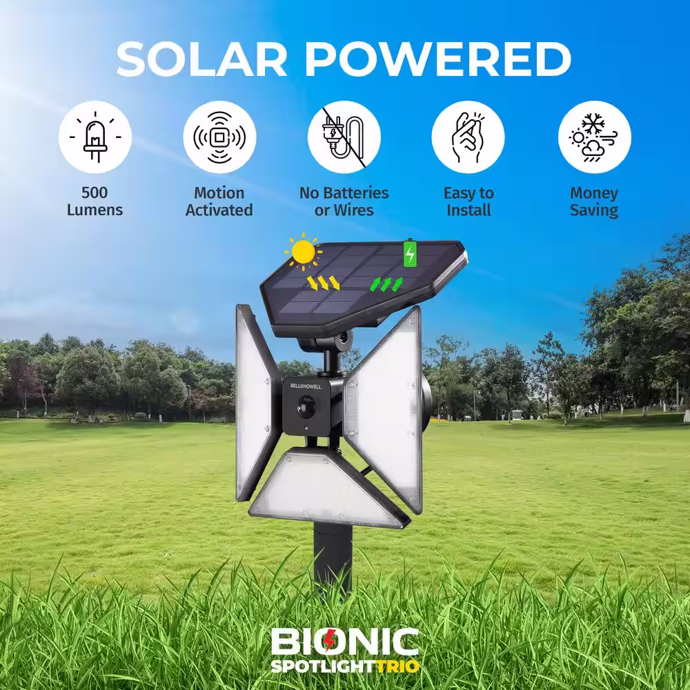 Bell + Howell 8-Watt Solar Powered Black Motion Sensor Outdoor LED Flood Light 500 Lumens Bionic Spotlight Trio