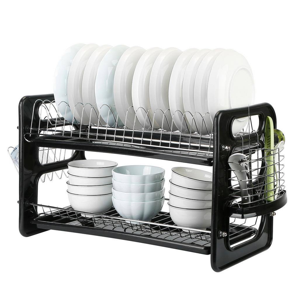 None 2-Tier Dish Rack Set Anti-Rust Dish Drainer Shelf Tableware Holder Cup Holder For Kitchen Counter Storage