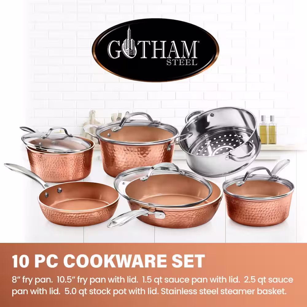 Gotham Steel Hammered Copper 10-Piece Aluminum Non-Stick Cookware Set with Glass Lids