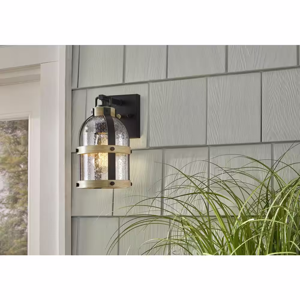 Hampton Bay Vinwood 1-Light Matte Black and Faux Wood Hardwired Outdoor Wall Lantern Sconce