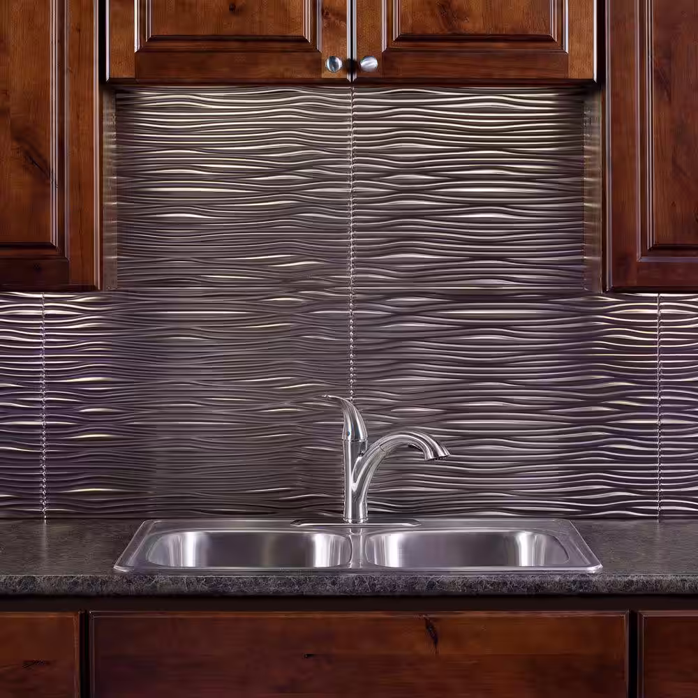 Fasade 18.25 in. x 24.25 in. Brushed Nickel Waves PVC Decorative Tile Backsplash