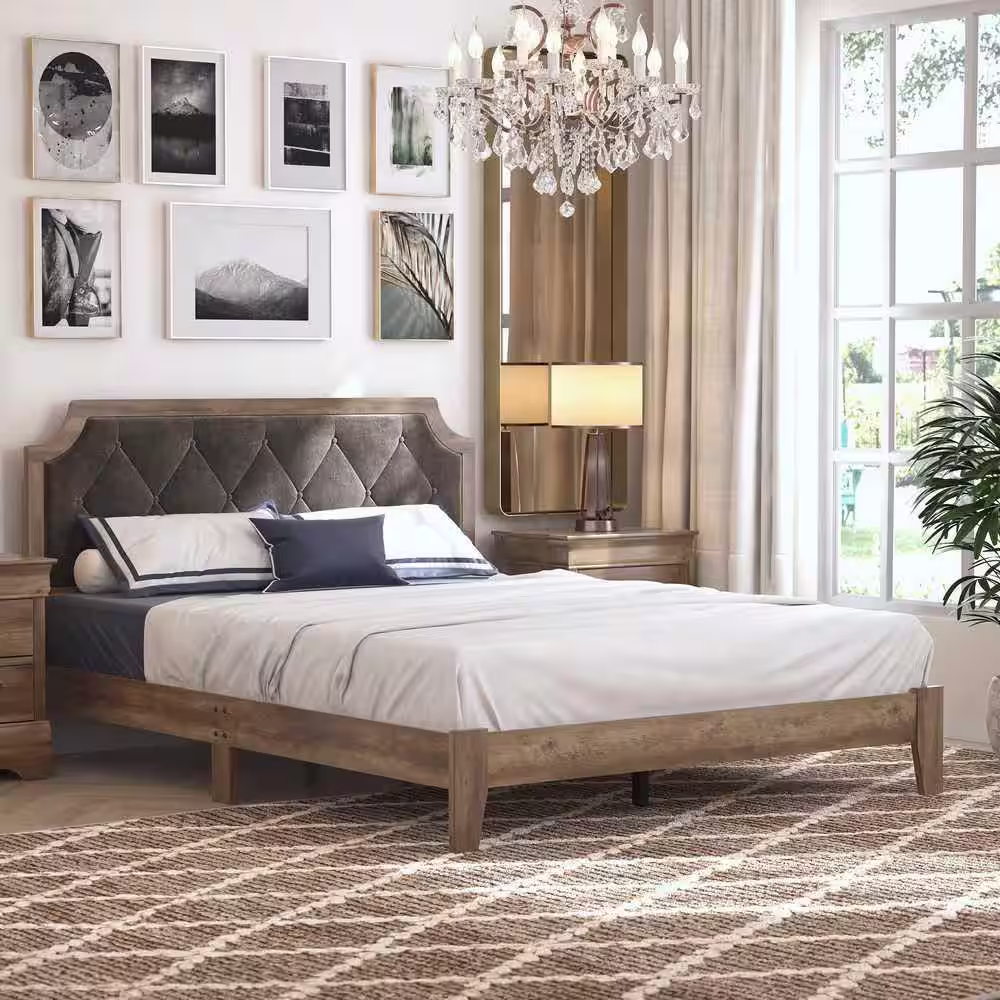 GALANO Annifer Knotty Oak Upholstered Queen Bed With Headboard