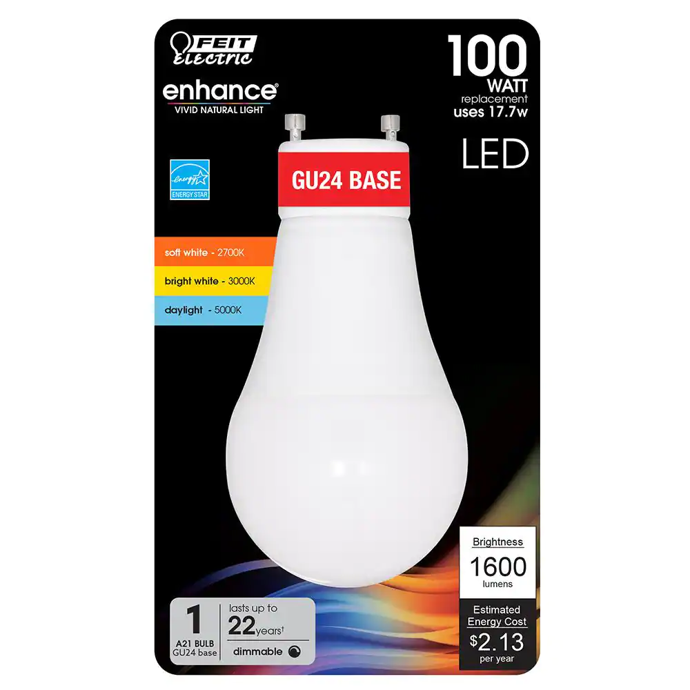 Feit Electric 100-Watt Equivalent A21 Dimmable CEC 90+ CRI GU24 Base LED Light Bulb, Selectable White 2700K/3000K/5000K (1-Pack)