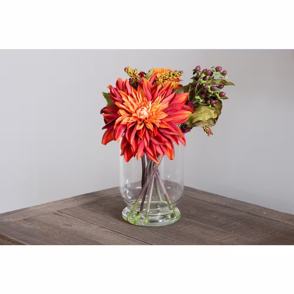 Nearly Natural 16 in. Artificial Dahlia and Mum with Vase