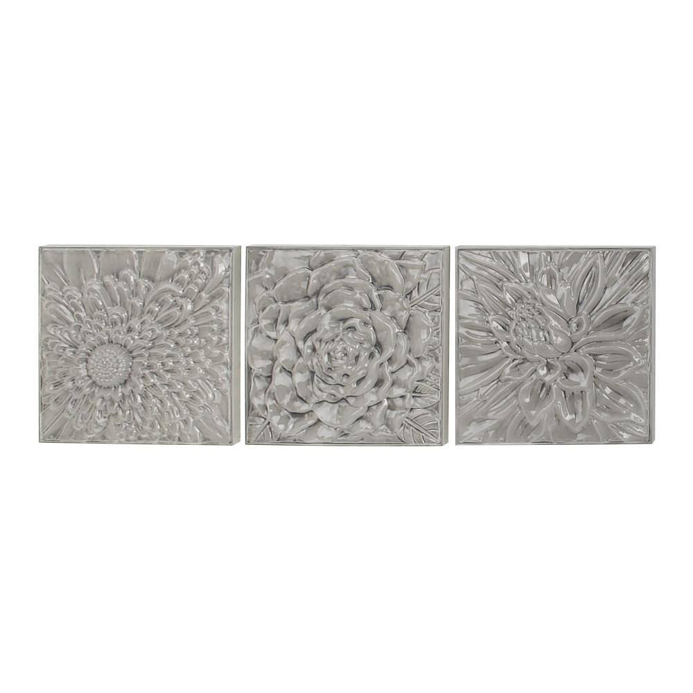 Litton Lane Metal Gray Floral Wall Decor with Embossed Designs (Set of 3)