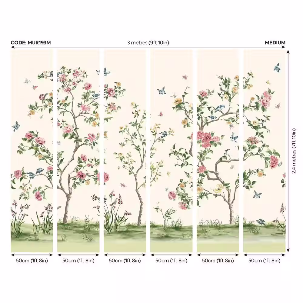 None Pink Chinoiserie Flowers Tree Wall Mural