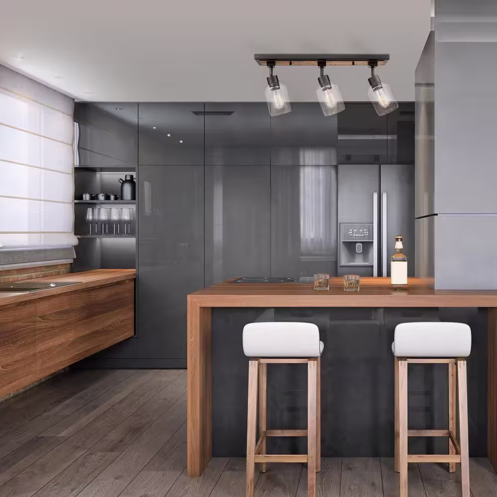 Globe Electric Griffith 25 in. 3-Light Faux Wood and Matte Black Track Lighting with Clear Glass Shades