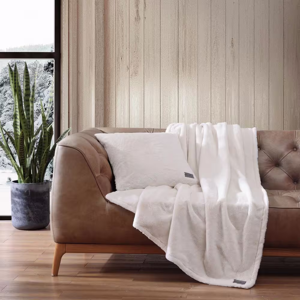 EDDIE BAUER Faux Fur Solid Beige Microfiber Throw Blanket and Pillow Cover Set (2-Piece)