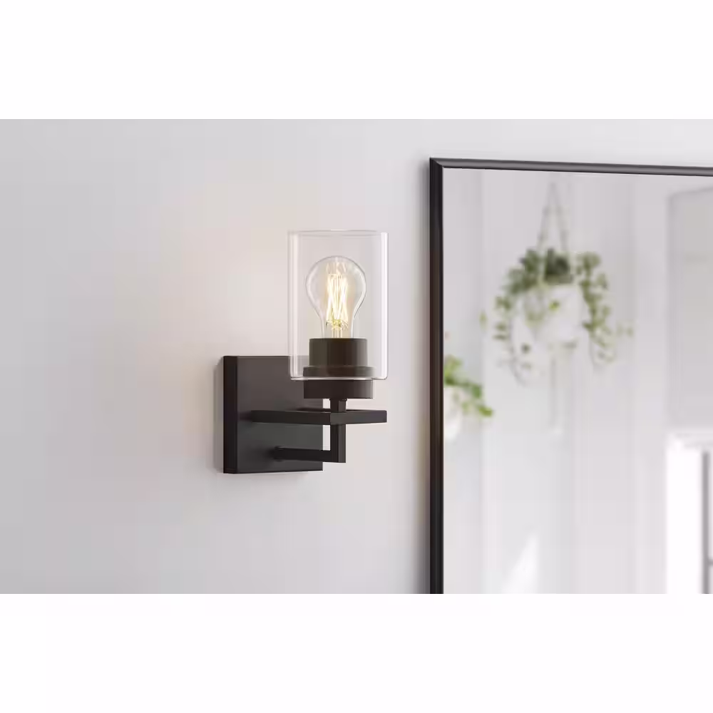 Hampton Bay Westerling 1-Light Matte Black Indoor Wall Sconce Light Fixture with Clear Glass Shade