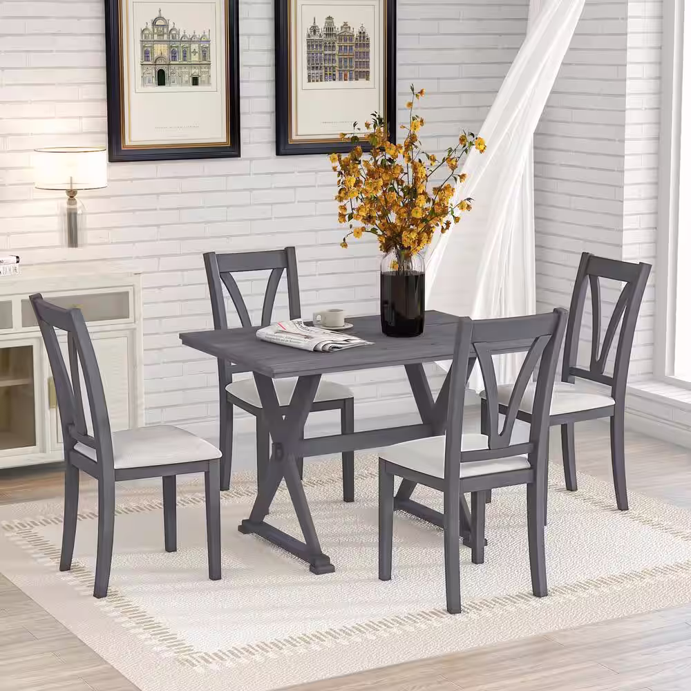 None 5-Piece Grey Wood Top Kitchen Dining Table Set Dining Room Table and 4-Upholstered Chairs