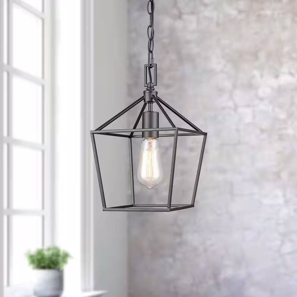 Home Decorators Collection Weyburn 1-Light Bronze Farmhouse Mini Pendant Light Fixture with Caged Metal Shade