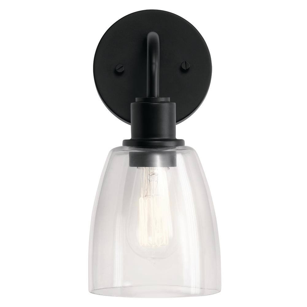 KICHLER Meller 11 in. 1-Light Black Bathroom Indoor Wall Sconce Light with Clear Glass