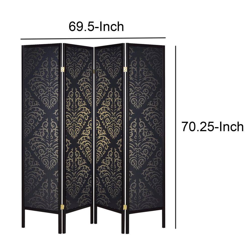 Benjara Captivating Black 4-Panel Folding Screen Room Divider with Damask Print