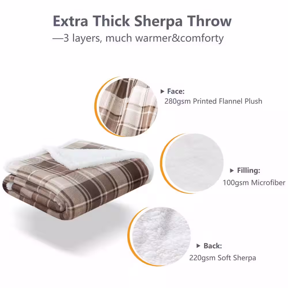 None 50 in. x 60 in. Brown Plaid Flannel Sherpa Throw Blanket (2-Pack)