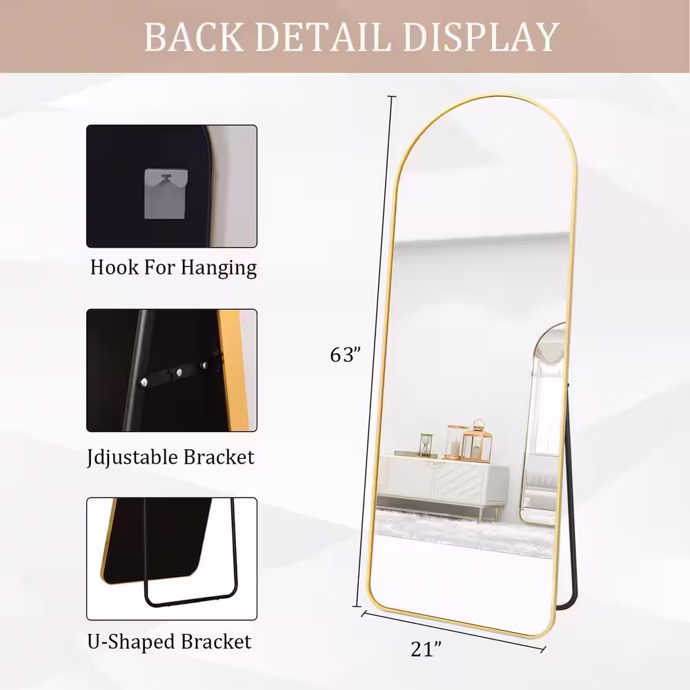 XRAMFY 21 in. W x 63 in. H Arched Gold Aluminum Alloy Framed Rounded Full Length Mirror Standing Floor Mirror