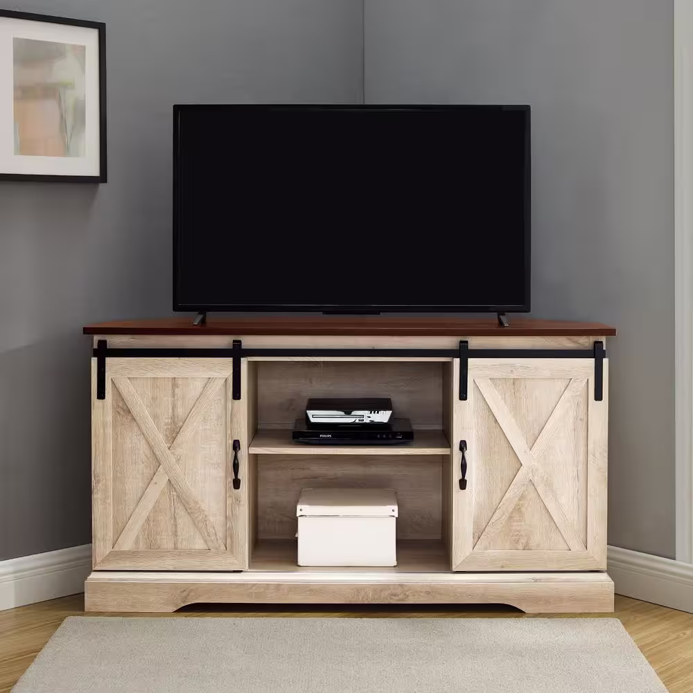 Welwick Designs 52 in. Traditional Brown and White Oak Wood Corner TV Stand with 2-Sliding Barn Doors fits TVs up to 58 in.