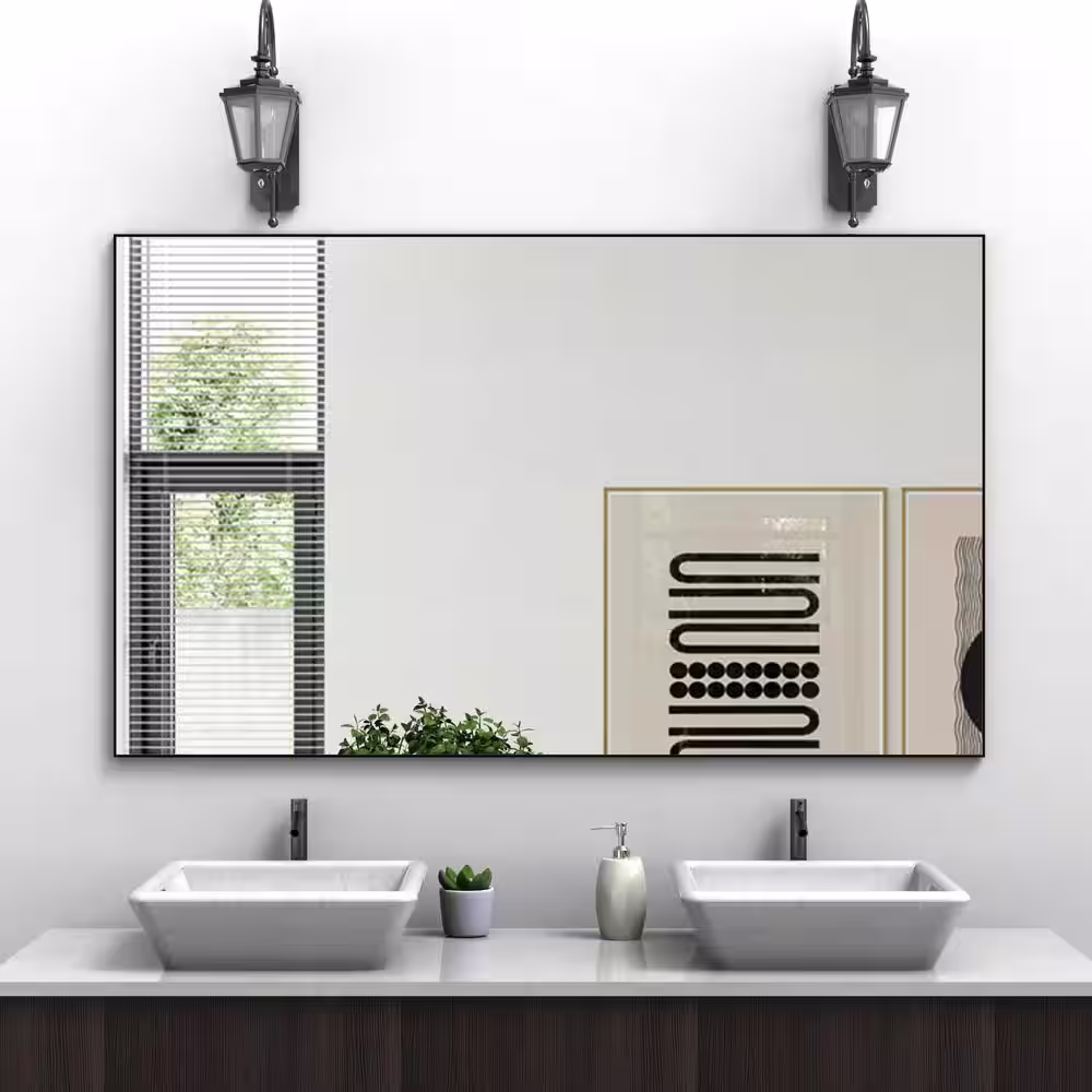 None 60 in. W x 36 in. H Modern Rectangle Extra Large Size Aluminum Frame Black Decorative Wall Mirror