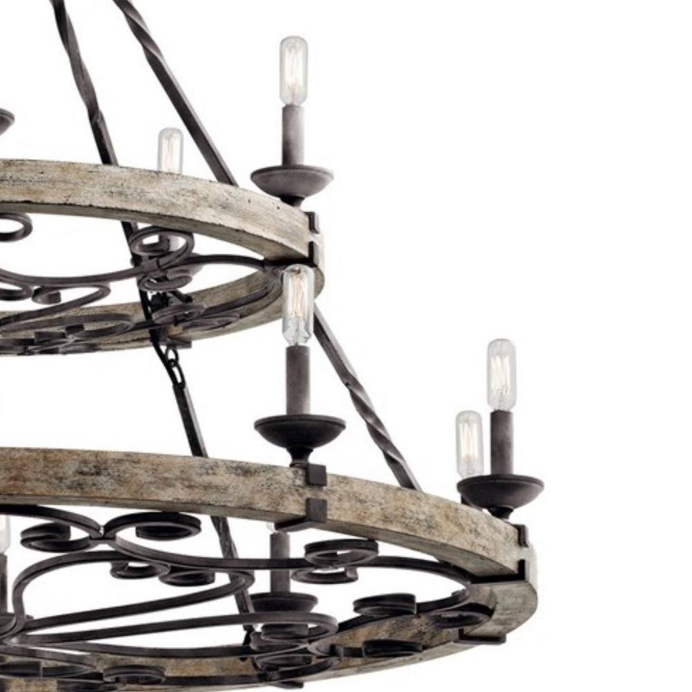 KICHLER Taulbee 44 in. 15-Light Weathered Zinc 2-Tier Farmhouse Wagon Wheel Circle Chandelier for Dining Room