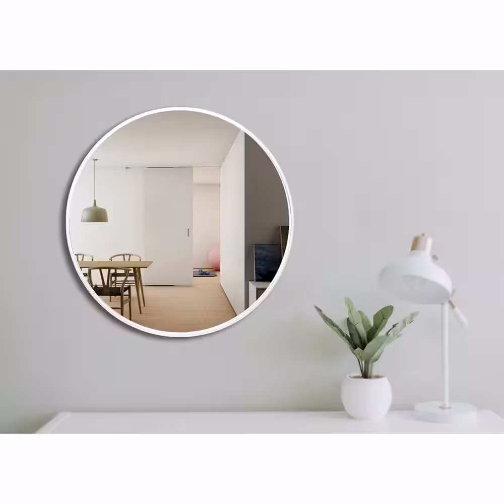 Design Element Vera 28 in. x 28 in. Modern Round Framed Brushed Steel Wall Mount Vanity Mirror