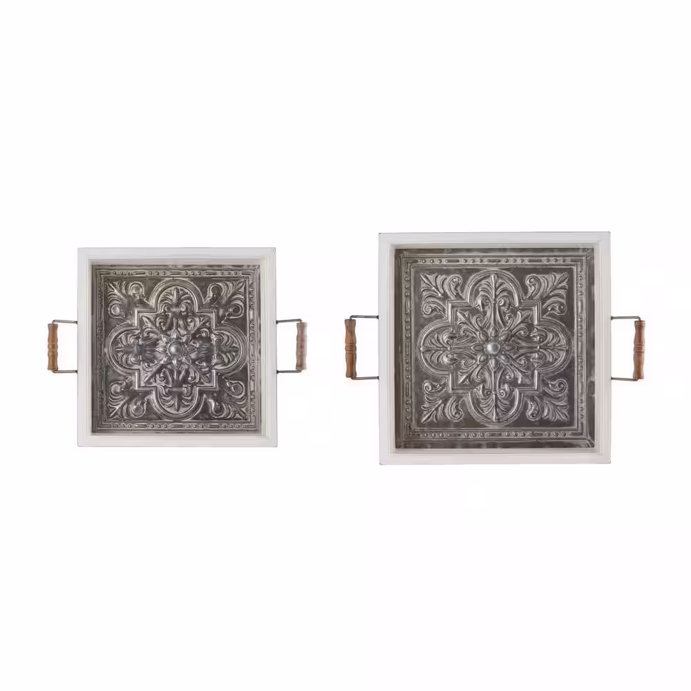 Elements Set Of 2-Wood and Tin Distressed White Decorative Tray