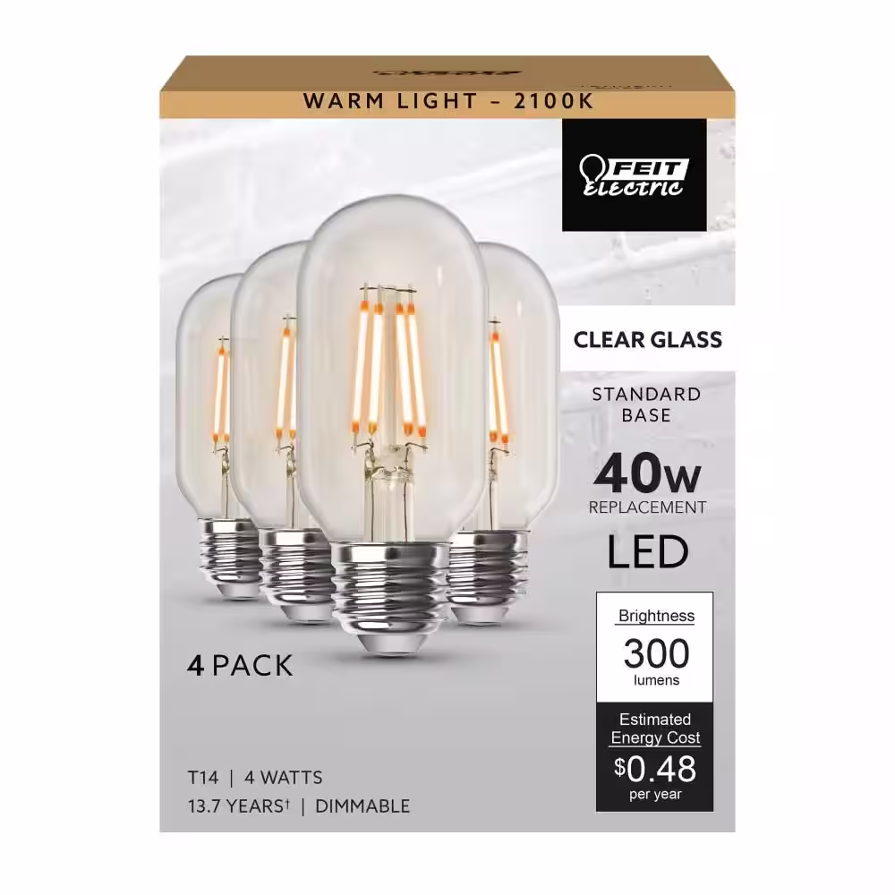 Feit Electric 40-Watt Equivalent T14 Dimmable Straight Filament Clear Glass E26 Vintage Edison LED Light Bulb, Warm White (4-Pack)