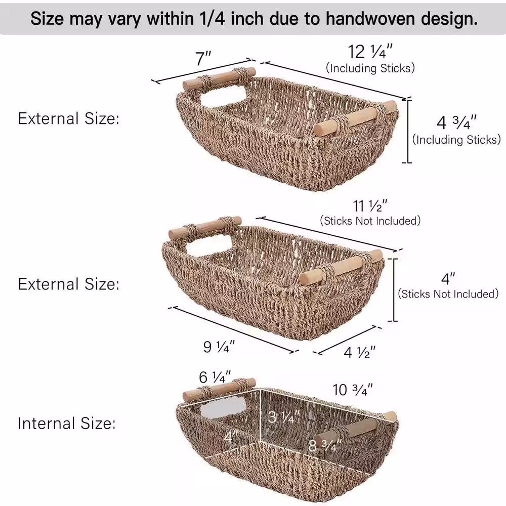 None Small Wicker Baskets, Handwoven Baskets for Storage, Seagrass Rattan Baskets with Wooden Handles, 2-Pack