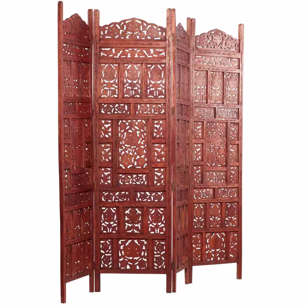 Litton Lane 6 ft. Red 4 Panel Floral Handmade Hinged Foldable Partition Room Divider Screen with Intricately Carved Designs