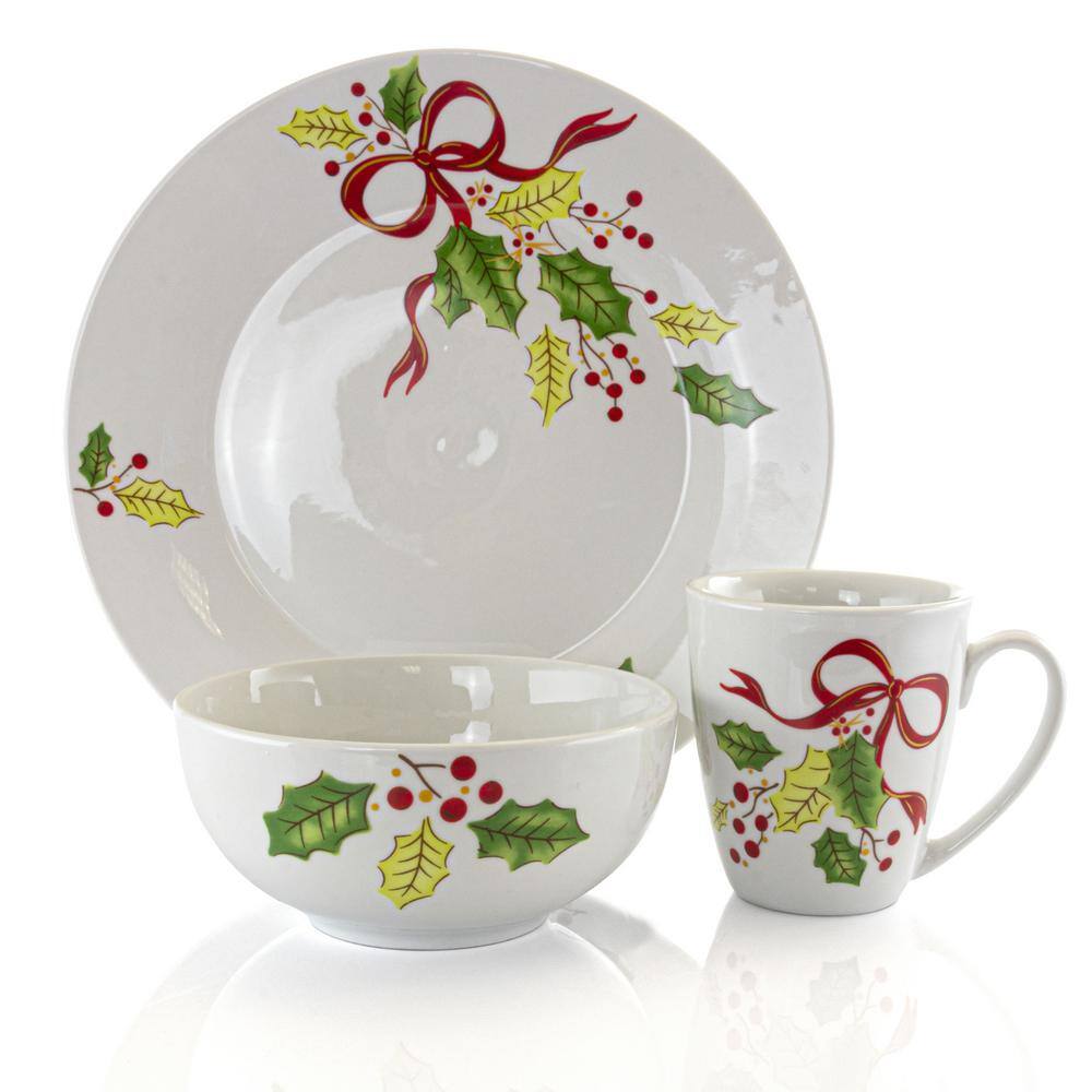 Gibson Holiday Ribbon 12-Piece Casual White Ceramic Dinnerware Set (Service for 4)