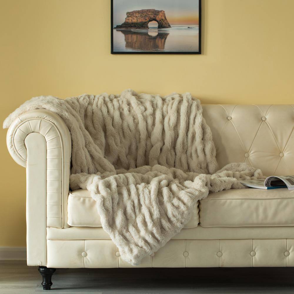 DEERLUX Ivory Cream Decorative 50 in. x 60 in. Comfortable Ruched Faux Fur Cozy Throw Blanket for Sofa and Bed