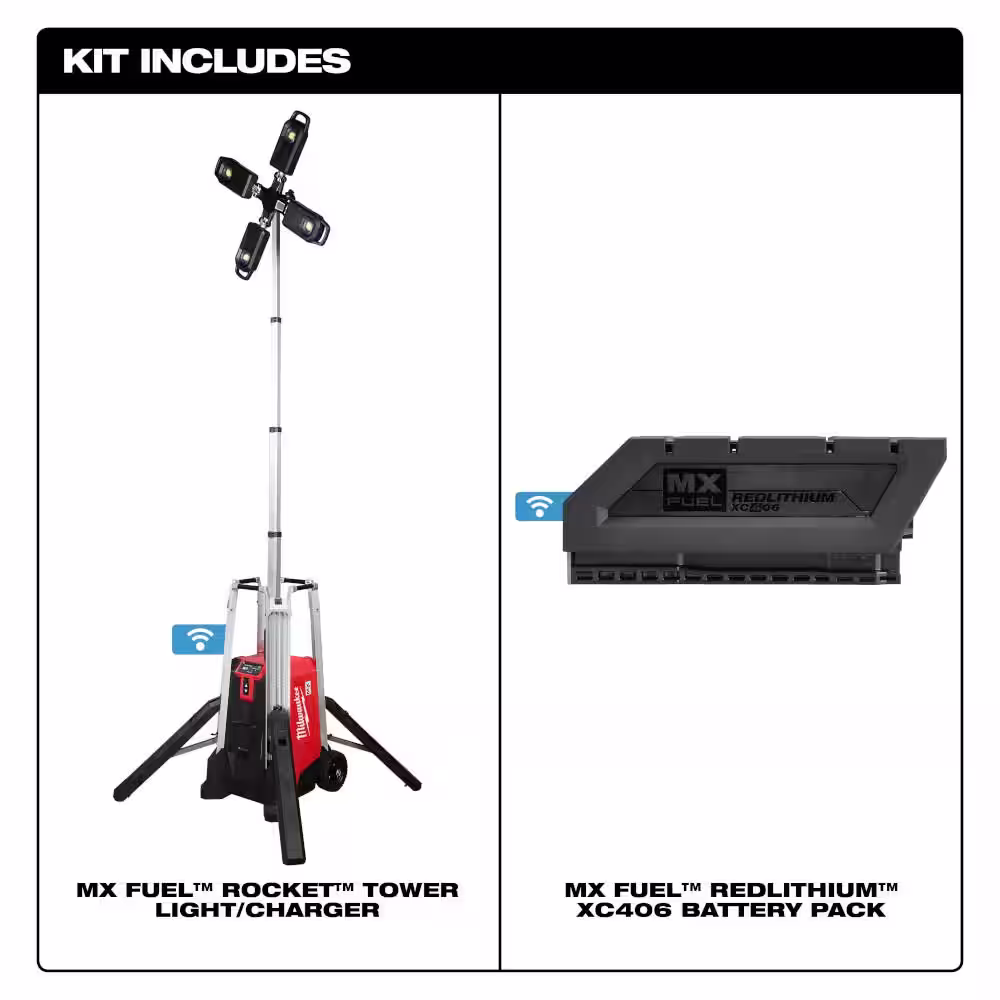 Milwaukee MX FUEL ROCKET Tower Light/Charger and MX FUEL Lithium-Ion Cordless Handheld Core Drill Kit with Stand