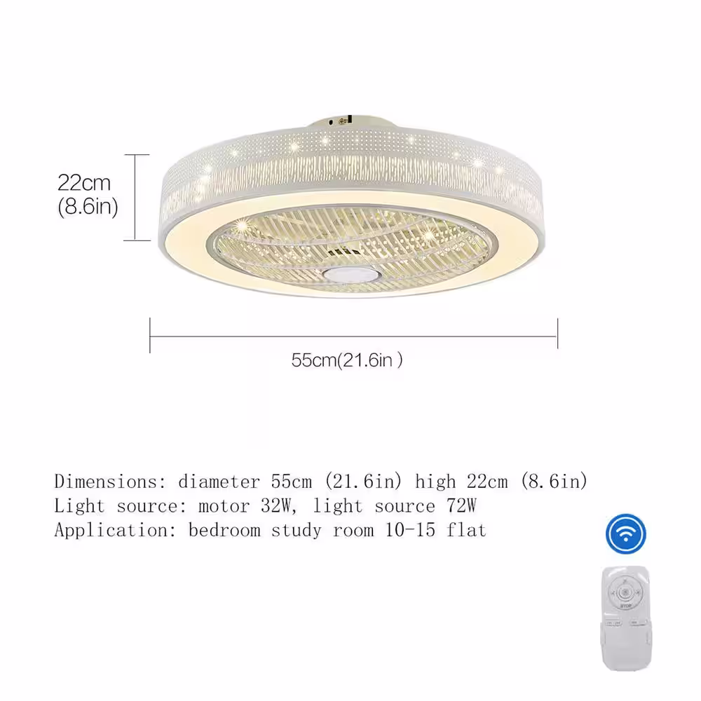 None 22 in. Modern Integrated LED Indoor White Round Semi Flush Mount Invisible Ceiling Fan with Remote