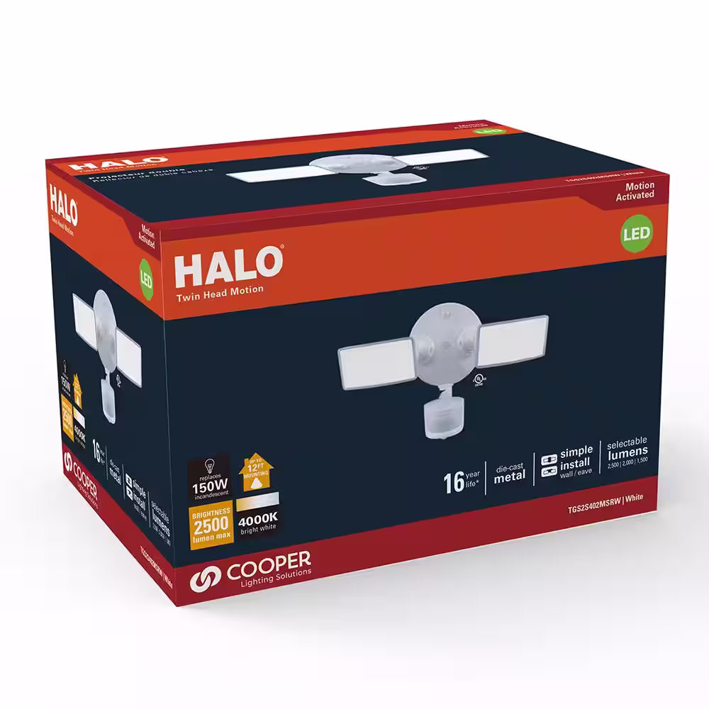 HALO TGS 2500 Lumen Selectable White Motion Activated Outdoor Integrated LED Flood Light w/ Square Twin Heads, 4000K