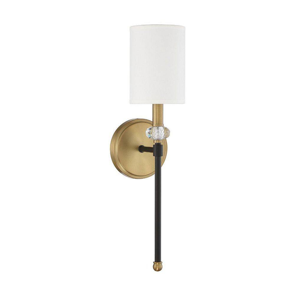 Savoy House Tivoli 5 in. W x 19 in. H 1-Light Matte Black/Warm Brass Wall Sconce with Faceted Crystal Bauble and White Fabric Shade