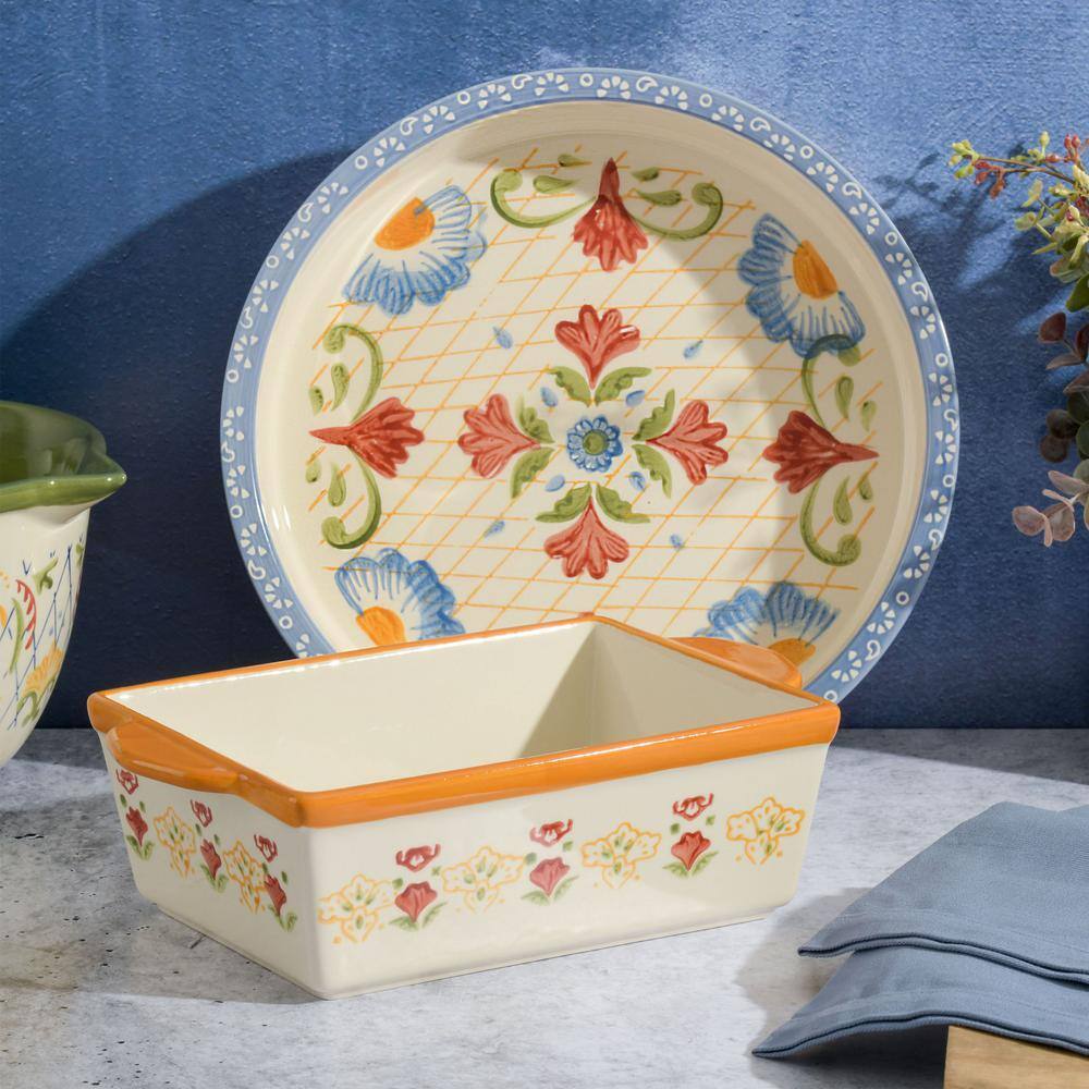 Laurie Gates Tierra Hand Painted 2-Piece Assorted Colors 1.8 qt. Pie Dish and 1.6 qt. Bakeware Set