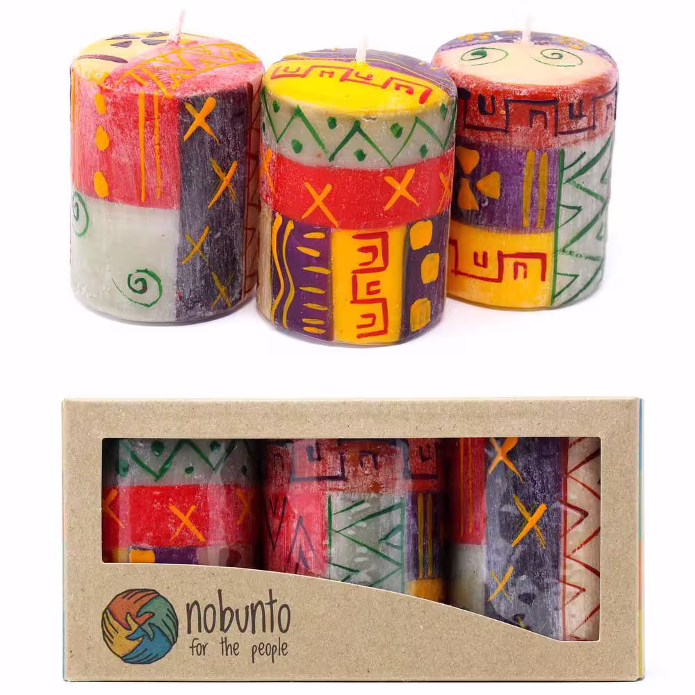 Global Crafts Indabuko Design Unscented Hand-Painted Multi-Colored Votive Candles Boxed (Set of 3)