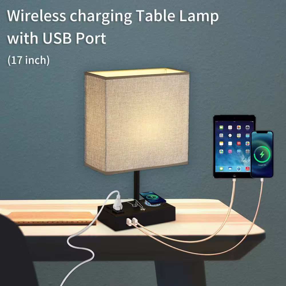 Cedar Hill 17 in. Black Wireless Charging Table Lamp with USB Port