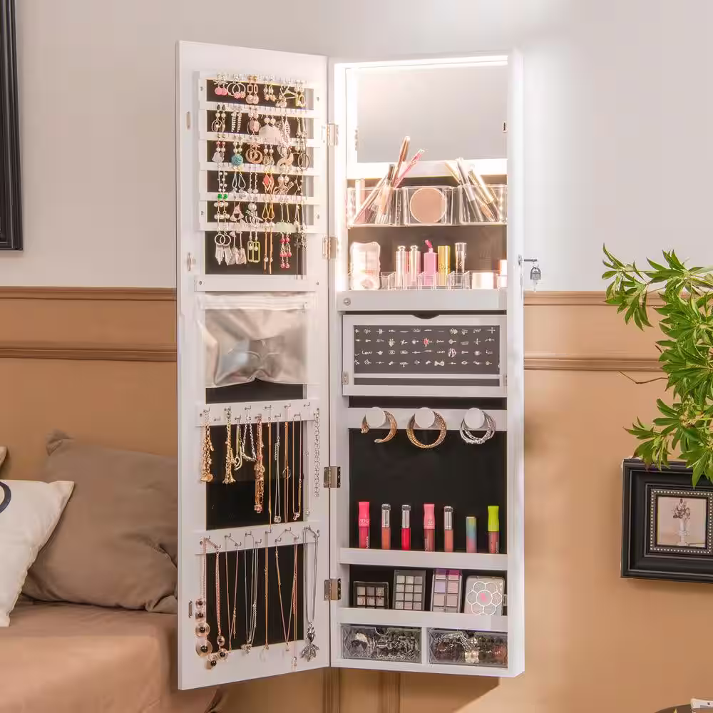 ANGELES HOME White Wall Mounted Jewelry Cabinet with Full-Length Mirror