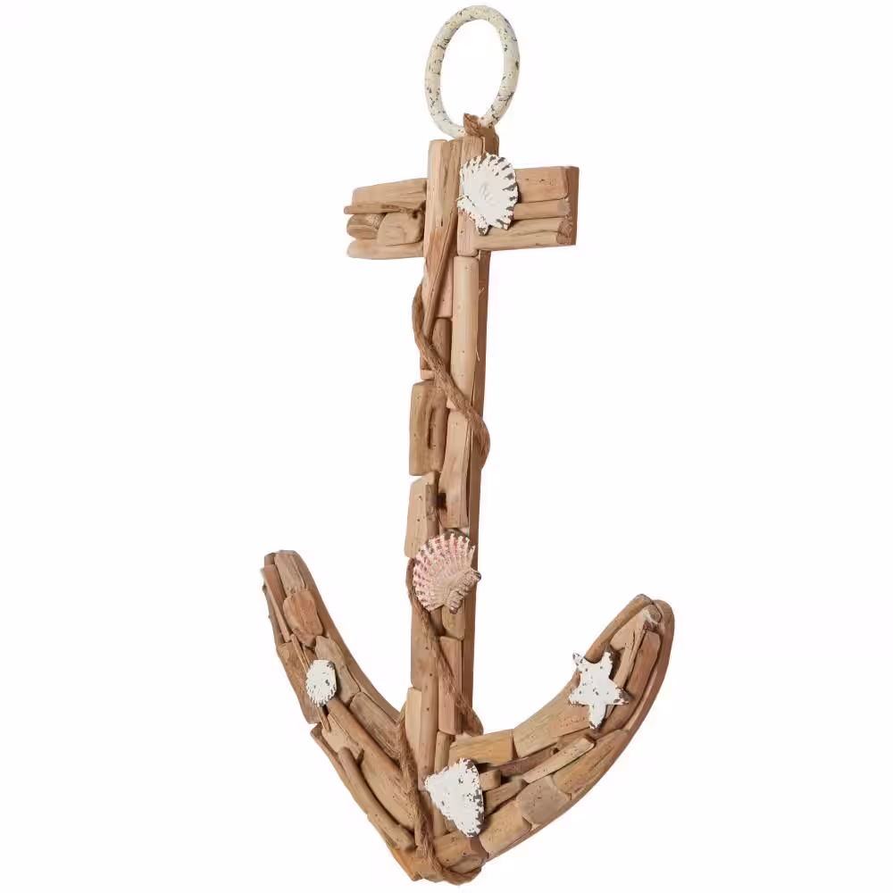 Litton Lane Wood Brown Handmade Driftwood Inspired Anchor Wall Decor with Shell and Rope Accents Wall Art