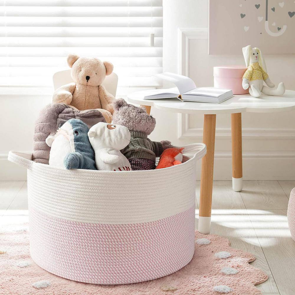 None Pink Woven Rope Basket with Handle