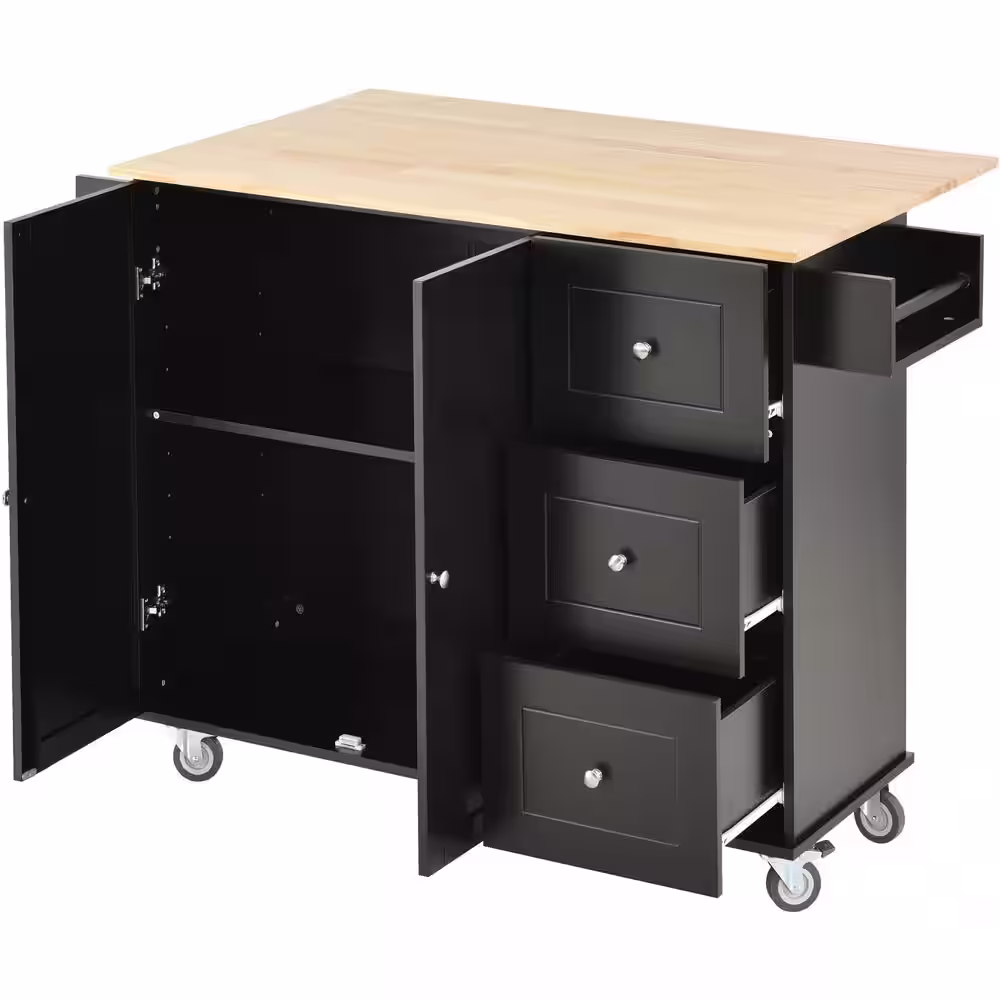 None 52.7 in. W x 17.71 in. D x 36.81 in. H Black Rolling Mobile Kitchen Island with Solid Wood Top and Locking Wheels