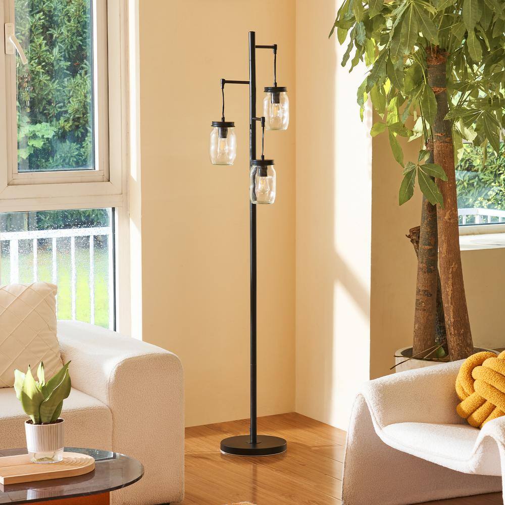 Merra 64 in. Black Farmhouse Tree Floor Lamp with 3 Mason Jar Glass Shades