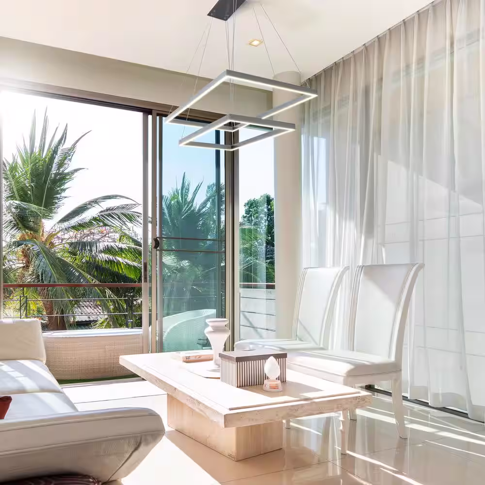 VONN Lighting Atria Duo 74-Watt Silver ETL Certified Integrated LED Height Adjustable Hanging Pendant Light 2-Tier LED Chandelier