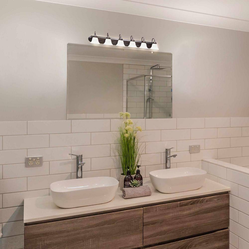 Volume Lighting Marti 6-Light Indoor Antique Bronze Bath or Vanity Wall Mount with Alabaster Glass Bell Shades