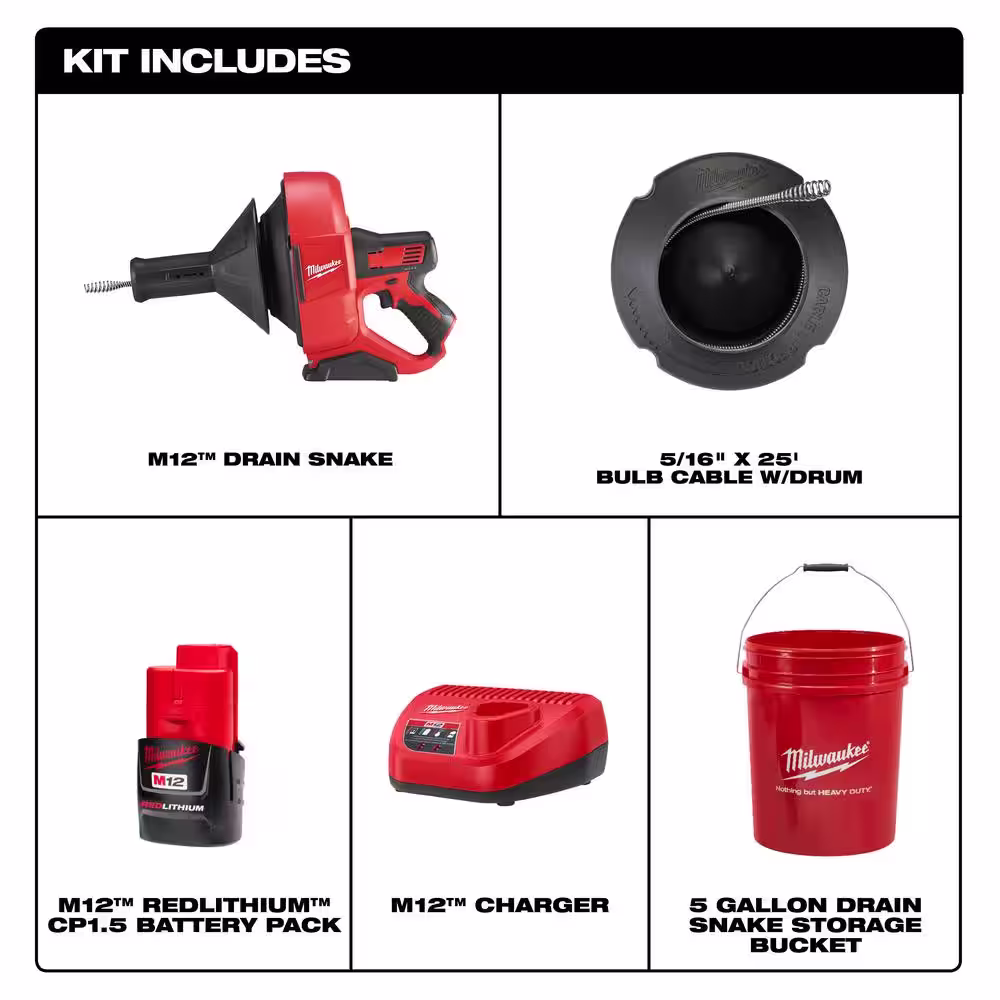 Milwaukee M12 12-Volt Lithium-Ion Cordless Auger Snake Drain Cleaning Kit M12 with 2.0Ah Battery and Cable