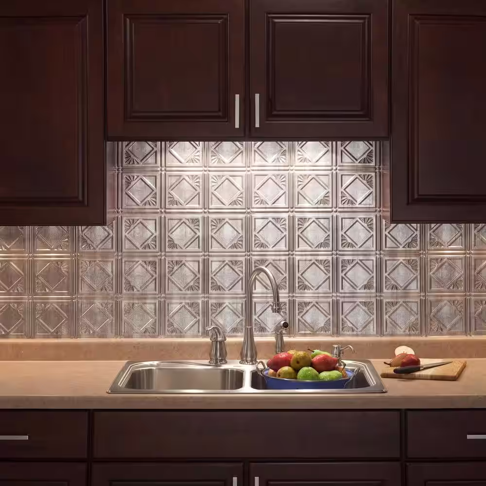 Fasade 18.25 in. x 24.25 in. Crosshatch Silver Traditional Style # 4 PVC Decorative Backsplash Panel